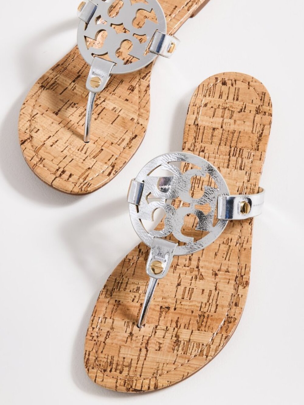 Tory Burch $228 Miller Sandals Patent Leather Silver Gold Rivets Cork 10 - Picture 2 of 10